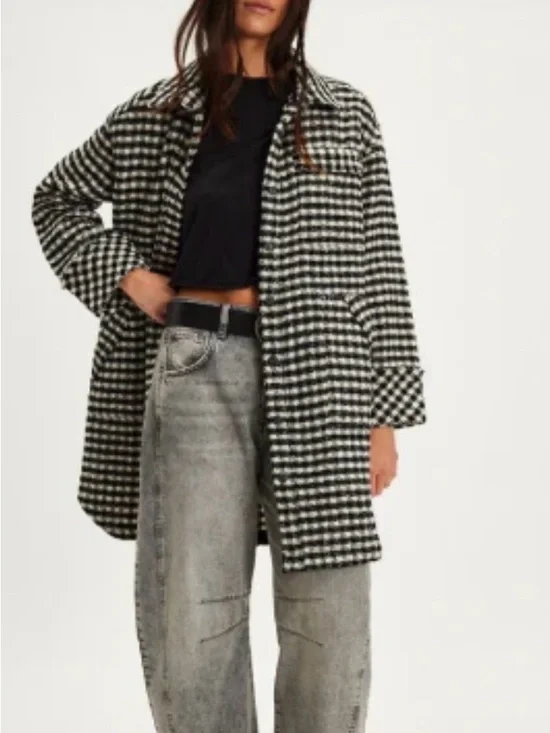 Free People Large GET AROUND HOUNDSTOOTH SHIRT jacket Shacket Wool Blend - Picture 1 of 4